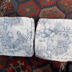 TWO VINTAGE THICK FRENCH toile de jouy fabric cushions