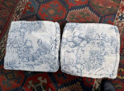 TWO VINTAGE THICK FRENCH toile de jouy fabric cushions