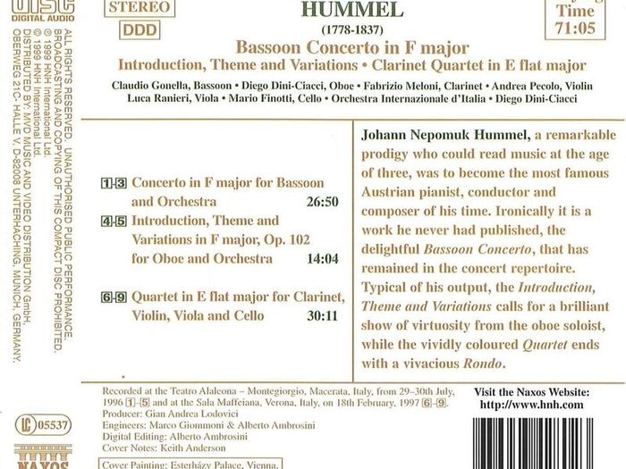 Hummel. Bassoon Concerto in F major. CD. Free Postage!