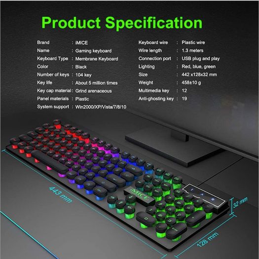 New iMICE AK-800 USB Wired LED Backlit Suspended Round Cap Gaming Keyboard.
