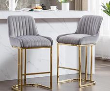 Set of 2 Velvet Bar Stools with Backrest for Kitchen Island, Counter Stool with Metal Legs, Bistro Stool with Footrest for Kitchen, Home Bar, Grey