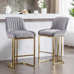 Set of 2 Velvet Bar Stools with Backrest for Kitchen Island, Counter Stool with Metal Legs, Bistro Stool with Footrest for Kitchen, Home Bar, Grey