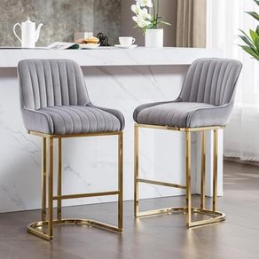 Set of 2 Velvet Bar Stools with Backrest for Kitchen Island, Counter Stool with Metal Legs, Bistro Stool with Footrest for Kitchen, Home Bar, Grey