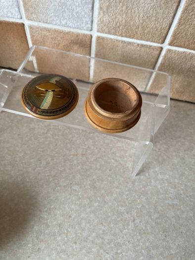 Vintage Handpainted Terracotta Ashtray & Round Carved Wooden Handpainted Trinket Box