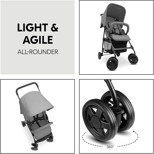 Grey - Super Lightweight Travel Pushchair with Raincover (only 5.9 kg) Compact & Foldable, Fully Reclining, XL Storage Basket, from Birth up to 15 kg