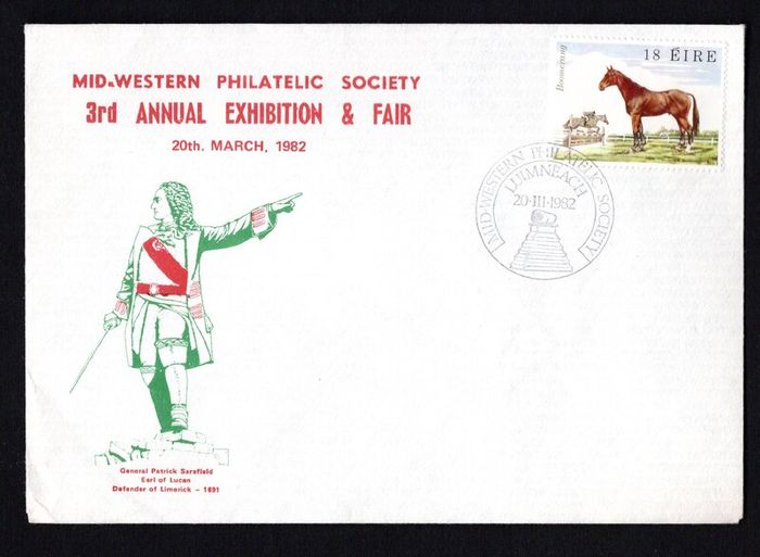 1982 Ireland Mid-West Philatelic Society 3rd Annual Exhibition & Fair 20th March 1982 Exhibition cancel tying 18p horse Commemorative Stamp on Plain Cover