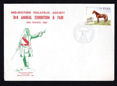 1982 Ireland Mid-West Philatelic Society 3rd Annual Exhibition & Fair 20th March 1982 Exhibition cancel tying 18p horse Commemorative Stamp on Plain Cover