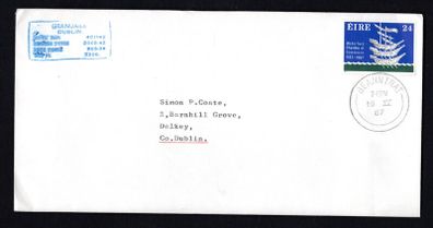 1987 Ireland plain cover with Bicentenary of Waterford Chamber of Commerce Commemorative stamp tied with Bantry (Beanntrai) steel cannel with ILV Granuaile ship cancel