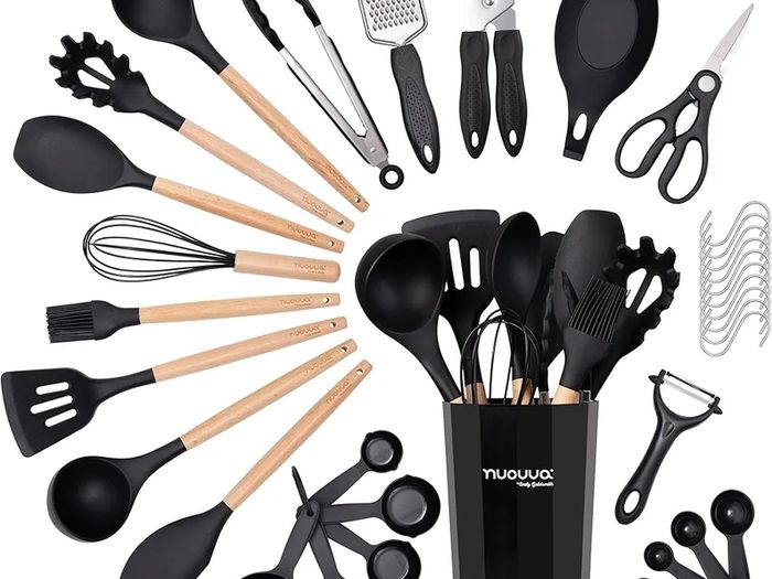 Kitchen Non Stick Cooking Utensils Set Heat Resistant Silicone Utensils with Wooden Handle Ladles, Spoons and Spatulas Set  Kitchen Tools & Accessories 35pcs, Black