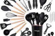 Kitchen Non Stick Cooking Utensils Set Heat Resistant Silicone Utensils with Wooden Handle Ladles, Spoons and Spatulas Set  Kitchen Tools &amp; Accessories 35pcs, Black
