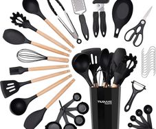 Kitchen Non Stick Cooking Utensils Set Heat Resistant Silicone Utensils with Wooden Handle Ladles, Spoons and Spatulas Set  Kitchen Tools & Accessories 35pcs, Black