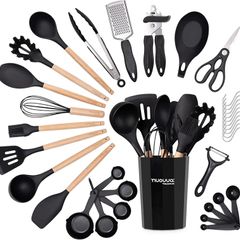 Kitchen Non Stick Cooking Utensils Set Heat Resistant Silicone Utensils with Wooden Handle Ladles, Spoons and Spatulas Set  Kitchen Tools & Accessories 35pcs, Black