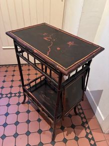 Vintage Bamboo black lacquered and painted tea table.