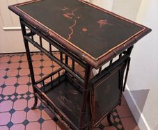 Vintage Bamboo black lacquered and painted tea table.