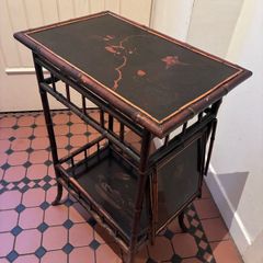 Vintage Bamboo black lacquered and painted tea table.