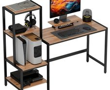 Computer Desk with Monitor Stand, Desk with 4-Tier Shelf, Industrial Design, Brown