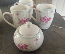 Emma James fine bone China  three  mugs and sugar bowl