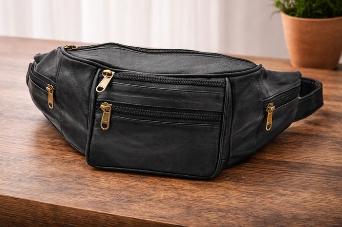 Real Leather Waist Bag with Multiple Zippers | Black Fanny Pack for Travel, Outdoor