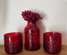 Red glass vase & candle votives