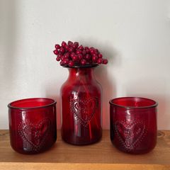 Red glass vase & candle votives