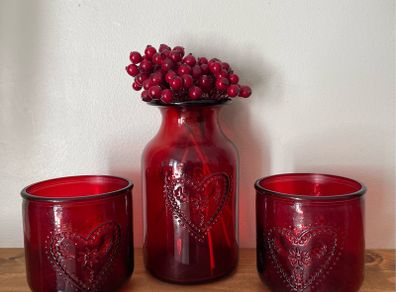 Red glass vase & candle votives