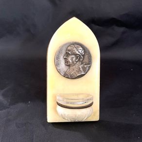 Vintage Italian holy water font with Pope Pius Xi plaque signed Tschudin