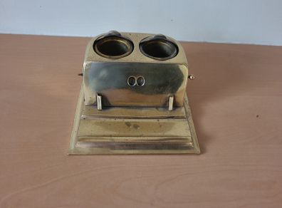 Antique brass inkwell and desk calendar set