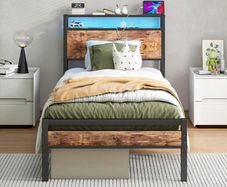 Single Bed Frame with Storage Shelf Headboard & LED Lights,Metal Platform Bed Frame with Charging Station