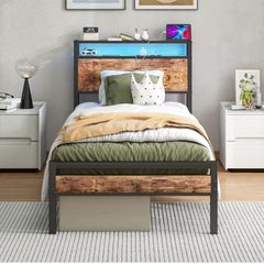 Single Bed Frame with Storage Shelf Headboard & LED Lights,Metal Platform Bed Frame with Charging Station