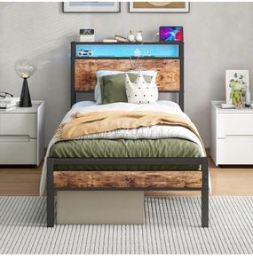 Single Bed Frame with Storage Shelf Headboard & LED Lights,Metal Platform Bed Frame with Charging Station