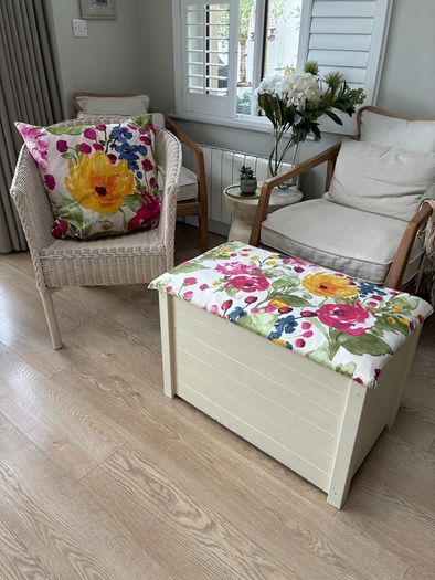 Wicker chair, cushion & matching storage chest