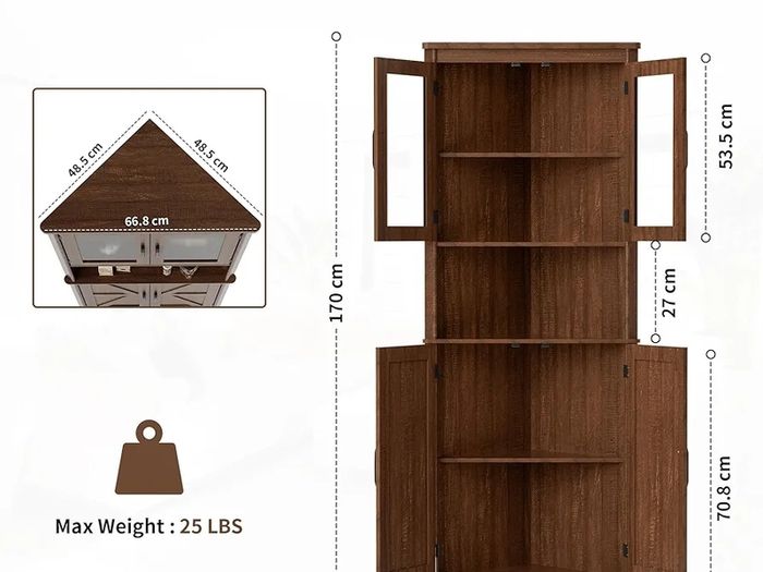 Tall Corner Storage Cabinet with Barn Doors, 5-Tier Farmhouse Corner Cabinet for Living Room, 2 Wooden Doors,2 Glass Door and 5 Shelves, Space Saving Freestanding Sideboard for Home, Kitchen,Brown