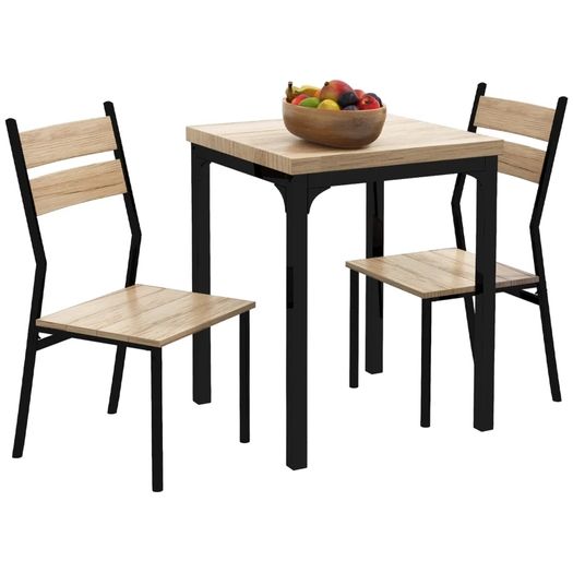 3 Pieces Compact Dining Table 2 Chairs Set Wooden Metal Legs Bistro cafe Kitchen Breakfast Bar Home Furniture, Light Wood Grain
