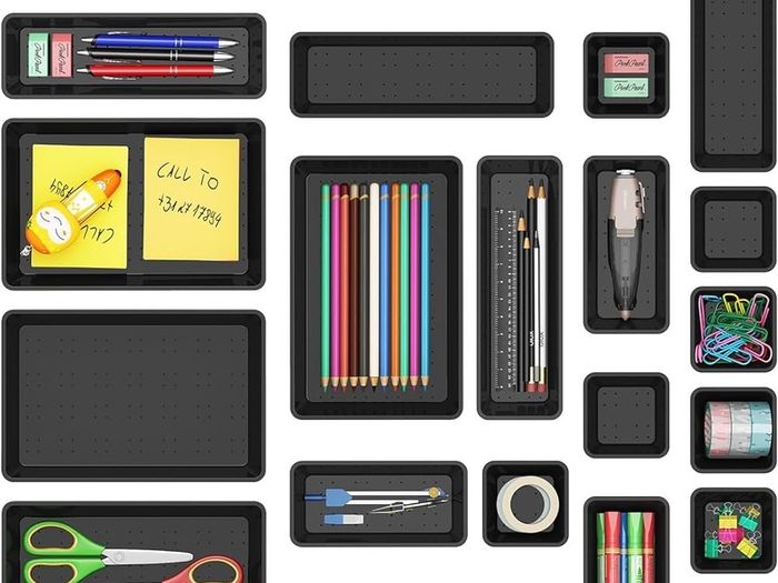 24pcs Drawer Organiser Set, Office Desk Drawer Dividers, Makeup Trays Plastic, Black Dresser Storage Bins Separation Box for Bathroom, Toolbox, Cosmetic, Jewelries and Gadgets, Bedroom