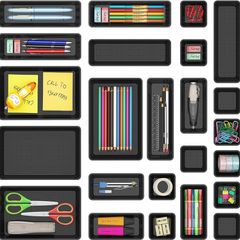 24pcs Drawer Organiser Set, Office Desk Drawer Dividers, Makeup Trays Plastic, Black Dresser Storage Bins Separation Box for Bathroom, Toolbox, Cosmetic, Jewelries and Gadgets, Bedroom