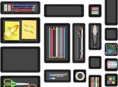24pcs Drawer Organiser Set, Office Desk Drawer Dividers, Makeup Trays Plastic, Black Dresser Storage Bins Separation Box for Bathroom, Toolbox, Cosmetic, Jewelries and Gadgets, Bedroom