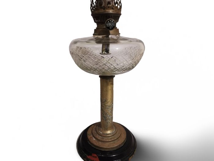 Antique Matador 15" Oil Lamp Glass Wood Base Brass Stem Burner Torch Light