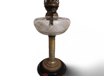 Antique Matador 15" Oil Lamp Glass Wood Base Brass Stem Burner Torch Light