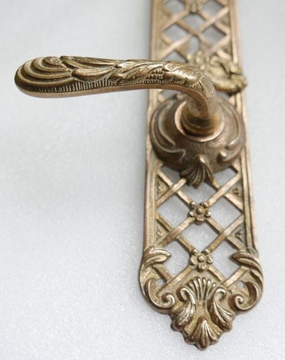 Monumental 11" Vintage Baroque Lattice Cast Brass Door Handle