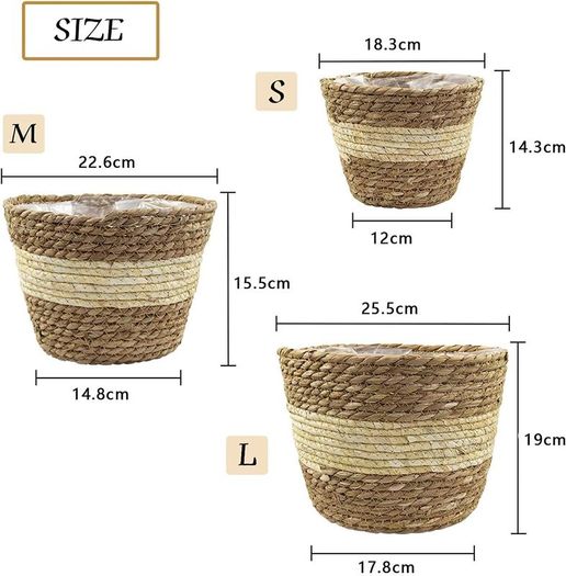 3Pcs Seagrass Planter Basket, 3 Size Woven Plant Pot Indoor Outdoor - Flower Pots Cover Storage Basket Plant Containers for Home Decor (Beige)