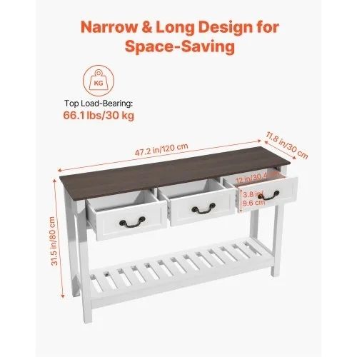 120 cm Console Table, Farmhouse Desk Behind the Couch with Drawers and Bottom Storage Shelf, Wooden Rectangle Entrance Narrow Sofa Table for Hallway, Bedroom, Living Room, Foyer, Brown + White