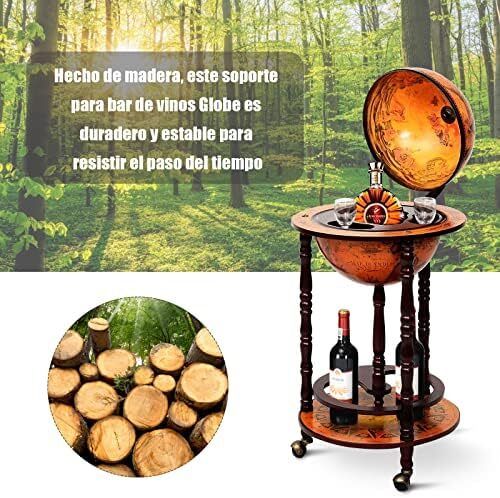 Wooden Globe Bar on Wheels, Bar Trolley, Home Bar, Wine Rack 45 x 45 x 88 cm