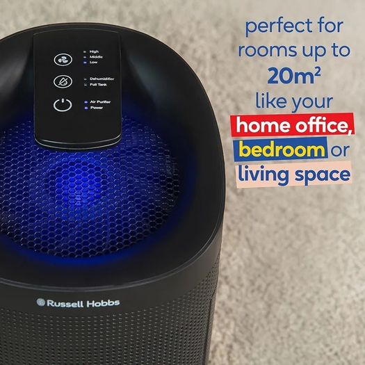 Ozone Free, 750ml/day 2 in 1 Black Dehumidifier/Air Purifier, 20m2 Room Size, LED Lighting & Captures Bacteria, for Home, Kitchen, Basement, Garage, Caravan