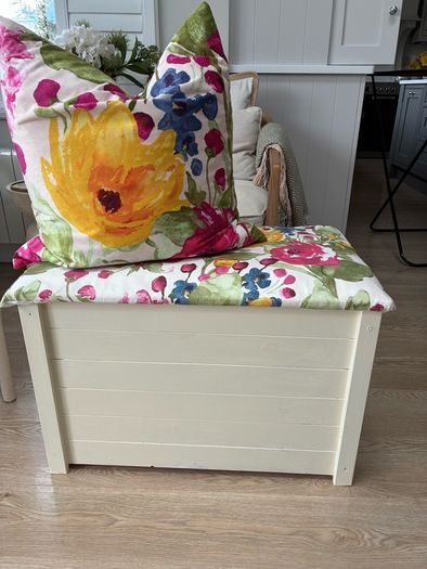 Wicker chair, cushion & matching storage chest