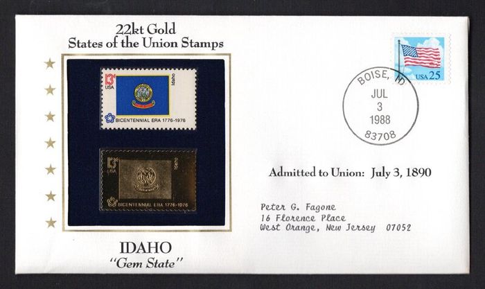 1988 USA Idaho "Gem State" 22kt Gold Replica of the 1976 United States Flag Stamps showing 25c US flag definitive tied Boisse, Idaho (state capital) illustrated cover