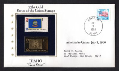 1988 USA Idaho "Gem State" 22kt Gold Replica of the 1976 United States Flag Stamps showing 25c US flag definitive tied Boisse, Idaho (state capital) illustrated cover