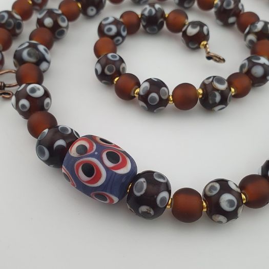 Antique Venetian African Style Skunk Eyes & Brown Glass Beads Necklace