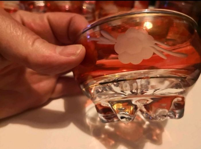 Exquisite pink hand etched heavy crystal set