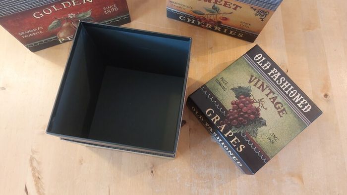 Fabulous Set of Three Large Graduated Stackable Nesting Storage Boxes by Quality Manufacturer Bob's Boxes/Lang Paper Co. with "Fancy Fruits" Artwork by Kimberly Poloson
