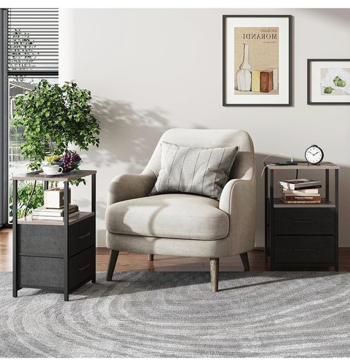 Bedside Table with Charging Station, Side Table with 2 USB Ports and Outlets, Nightstand with Cloth Drawer, Set of 2, End Table, Greige